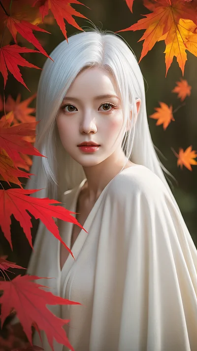 冷色调枫叶林中的红挑染白发少女