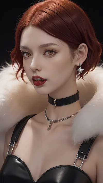 红毛短发女孩佩戴兽耳与皮衣肖像