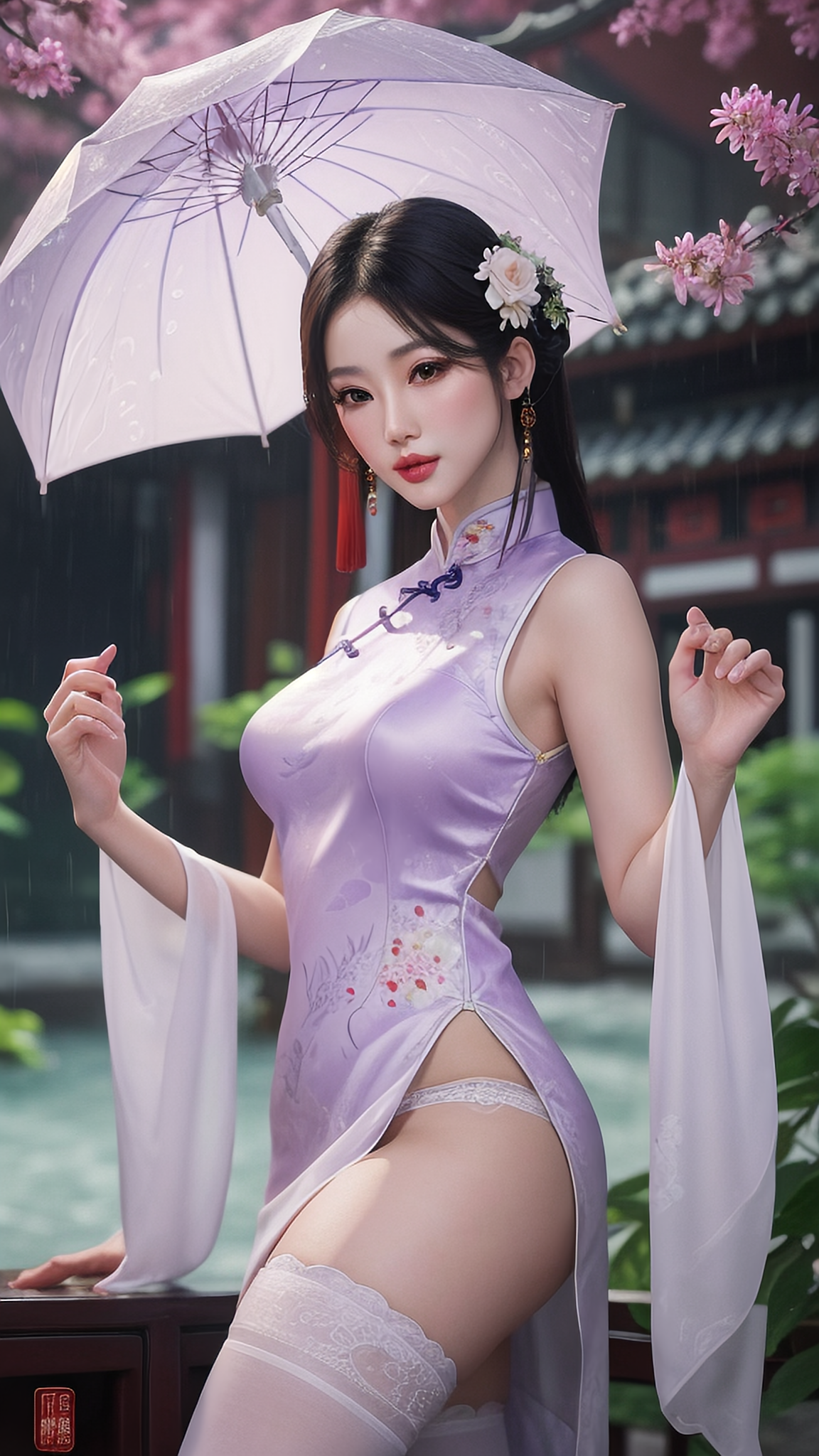 雨中江南园林的淡紫色旗袍东方美女