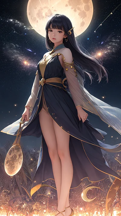 夜晚星空下的女孩与新月