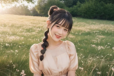 真丝连衣裙女孩花田优雅