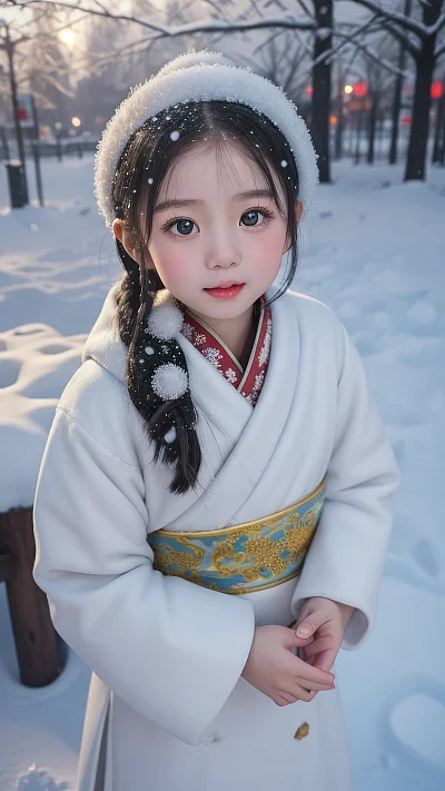 汉服女孩城市雪景仰望雪花