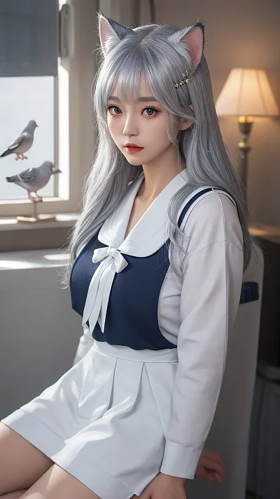 清纯猫耳银发萝莉