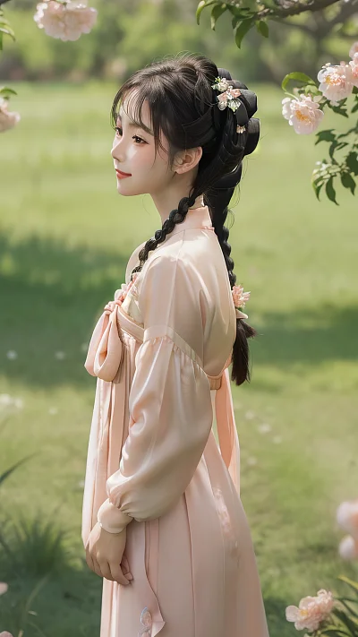 真丝薄纱连衣裙女孩花田优雅