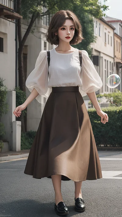 棕色短发圆眼睛女性时尚长裙
