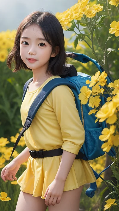 春日带宠物出游的小女孩