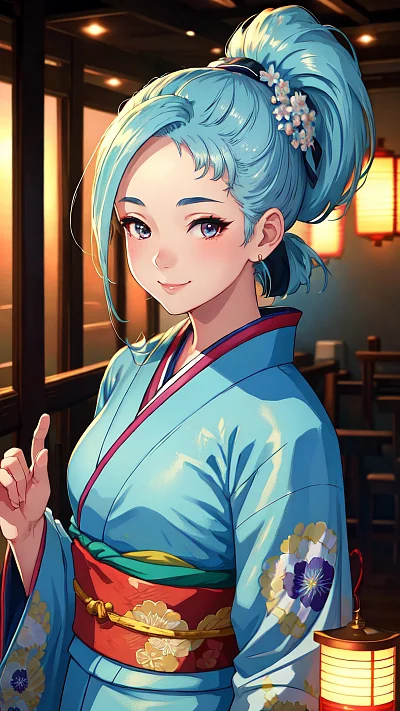 浅蓝色马尾和服少女微笑