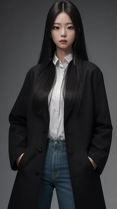 黑裙长发女孩闭眼插口袋
