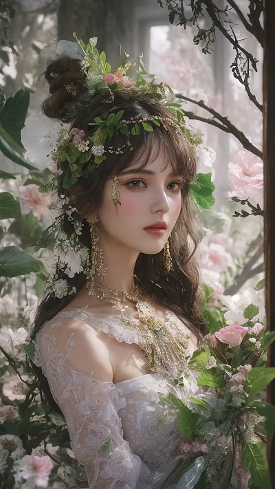 花朵树叶装饰连衣裙女性艺术