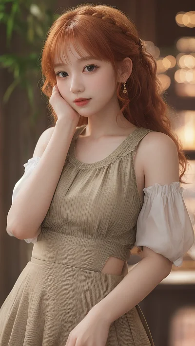 姜黄色波浪发女孩法式辫子快乐裙装