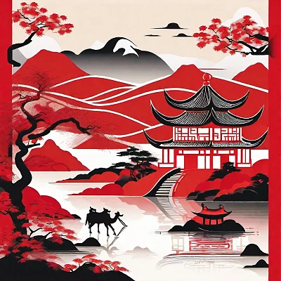 红色点缀的中国风景海报