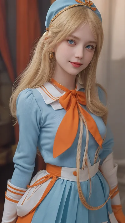 时尚金色长发女孩微笑制服
