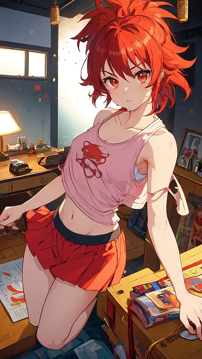 红发少女卧室背景矢量图