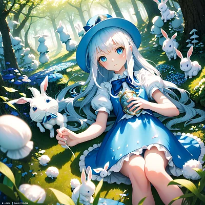 梦幻森林中的蓝眼女孩与白兔