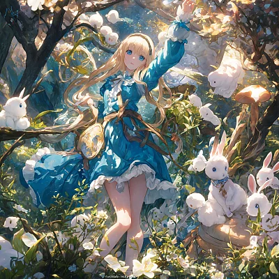 梦幻蘑菇森林中的蓝眼女孩与白兔