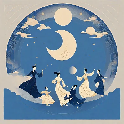 七夕舞台深蓝月夜喷泉舞者