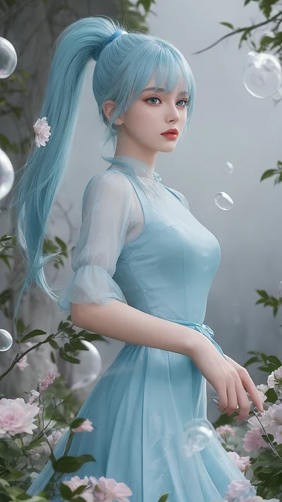 浅蓝色头发马尾辫七彩泡泡