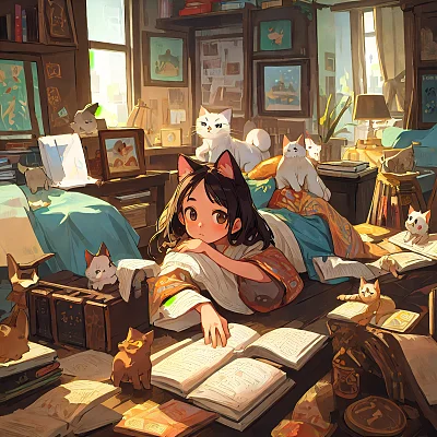 夏日女孩与猫咪共读卡通插画