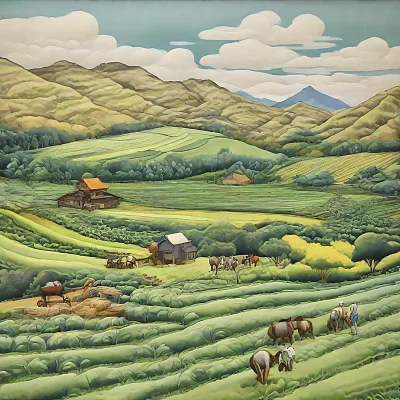 农民田间劳作群山草地风景