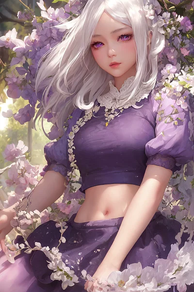 白色头发紫色眼睛的少女夜晚幻想