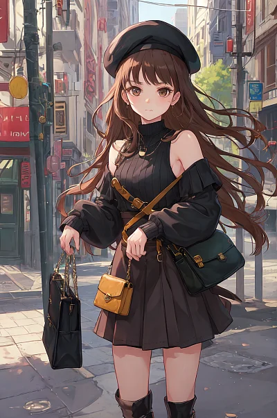 街头风格露肩贝雷帽女孩