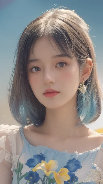 复古水彩画年轻女孩戴鸢尾花