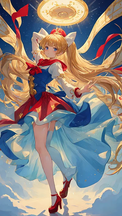 闪烁蓝眼睛的金发美奈子与红蝴蝶结