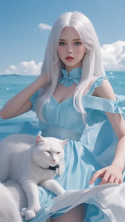 白发少年抱猫梦境人像