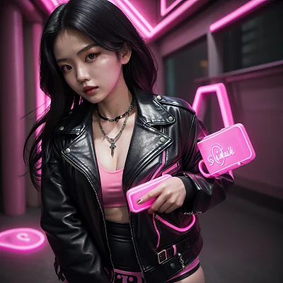 亚洲女性赛博朋克风皮夹克