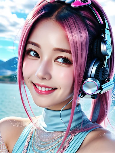 粉色头发戴耳机女孩骑摩托微笑