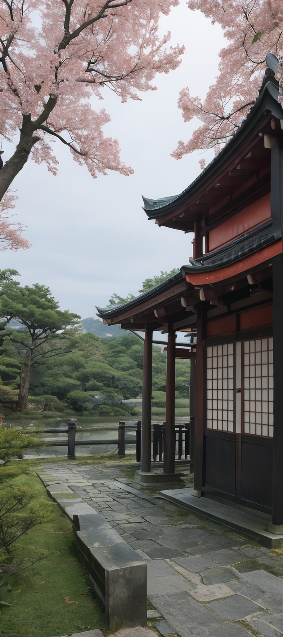 蓝月下的集换卡牌与日本寺庙背景