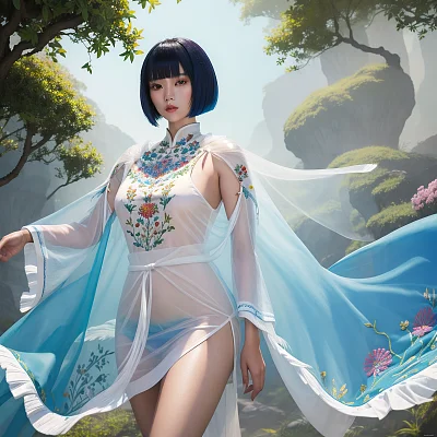 亚洲模特水粉画波波头斗篷