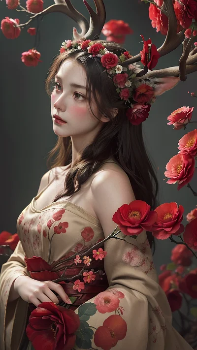 鹿头水墨插画盛开红花