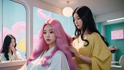 亚洲女性波浪长发美发沙龙护理