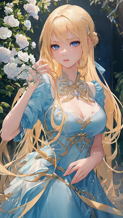 金色头发女孩华丽浅蓝裙