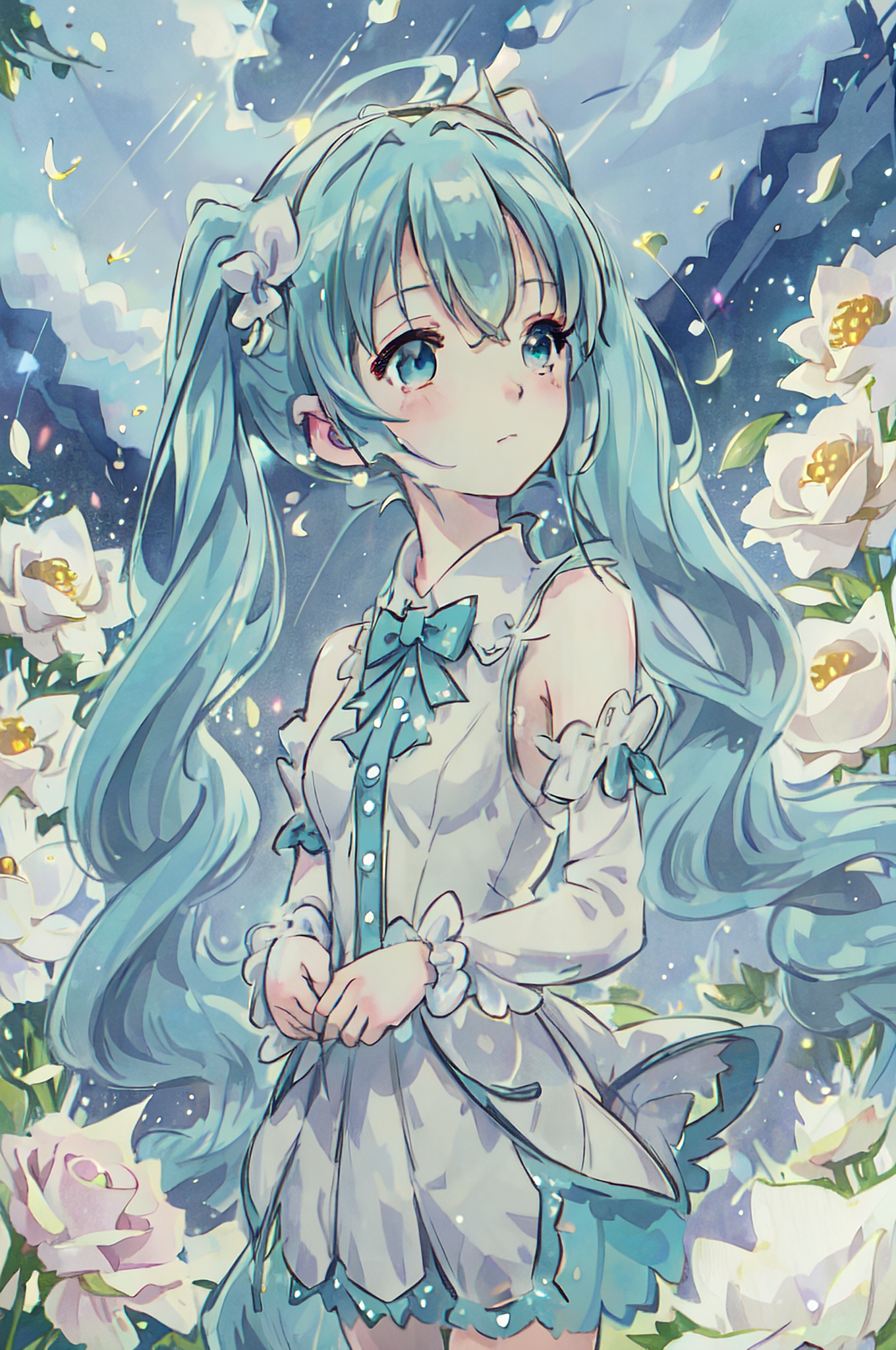 初音未来夜晚白玫瑰萤火虫插画