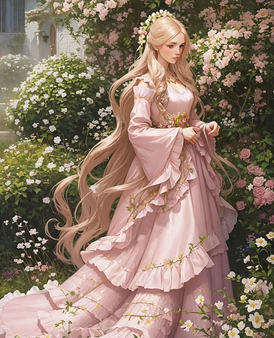 德米特里·丹尼什风格长发美女花丛插画