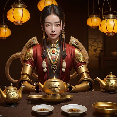 未来感亚洲机器人品茶艺术