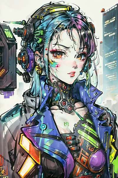 赛博朋克风格半机械人水彩肖像