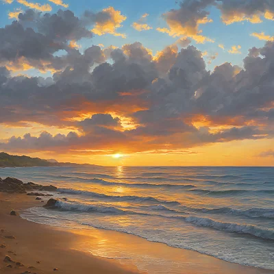 夕阳下大树与巨大落日油画景观