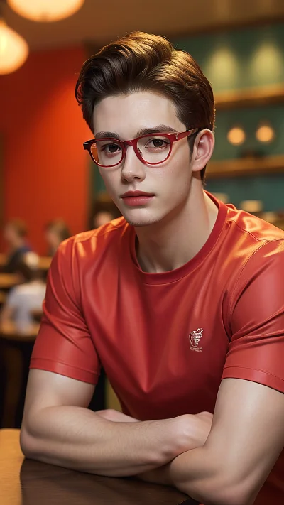 伦敦咖啡馆珊瑚红衬衫眼镜男子