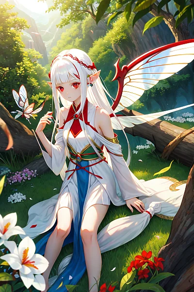 红眼白发精灵萝莉花海