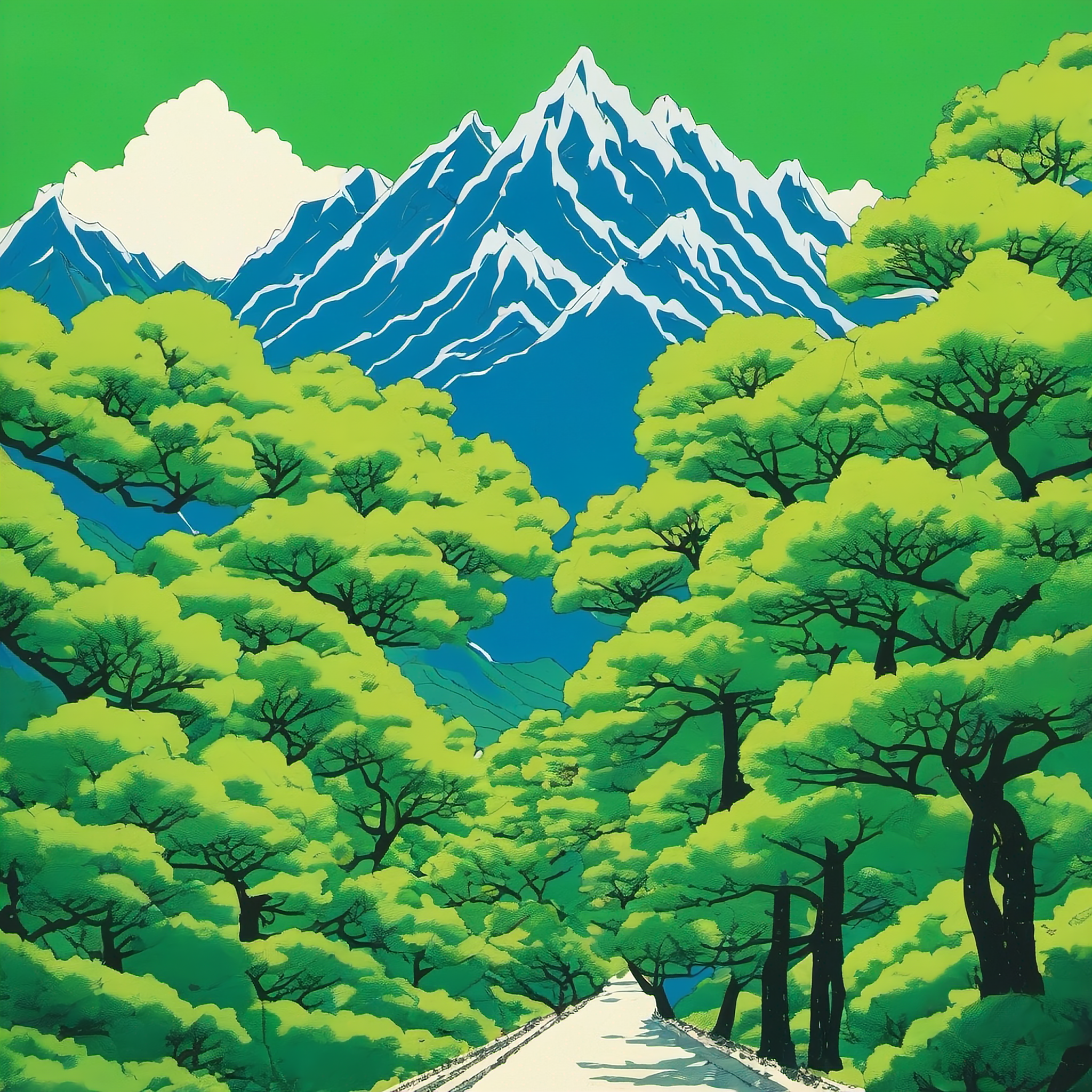 宫崎骏风格蓝色天空与绿色大树山峰画作