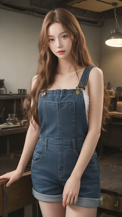 金色长卷发蓝眼睛美女穿黑色工作服