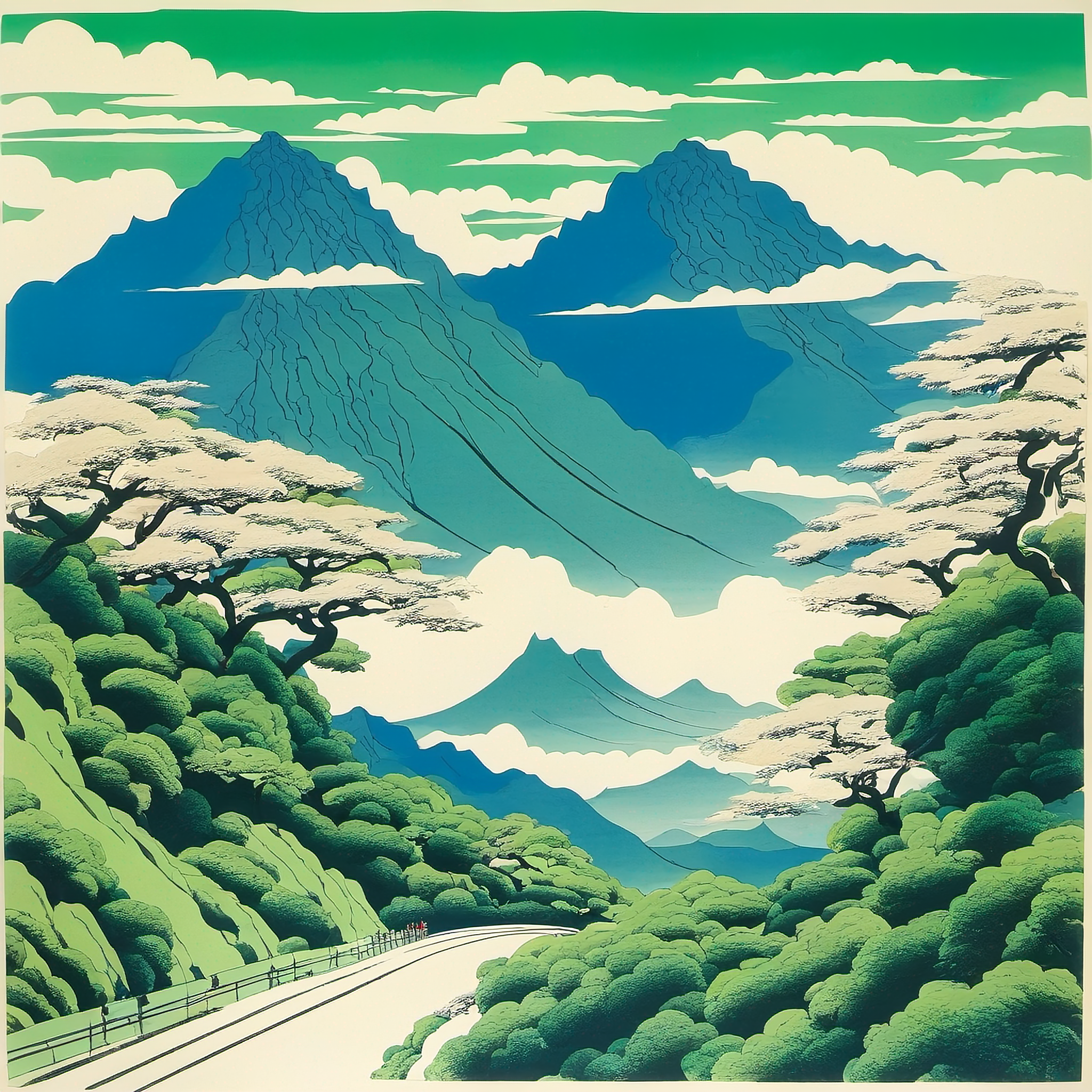 宫崎骏风格蓝天绿树山峰插画