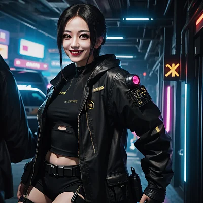 赛博朋克风格微笑全黑眼服装