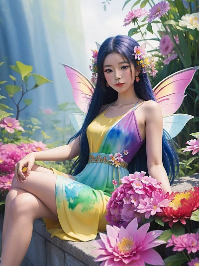 亚洲仙女水彩画魔法花朵