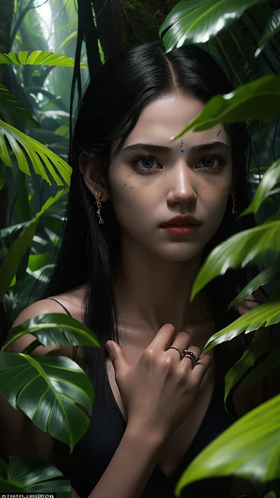 热带森林中的黑发少女头像