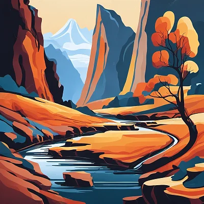 悬崖山脉溪流风景画