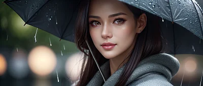 雨天撑伞女子特写肖像